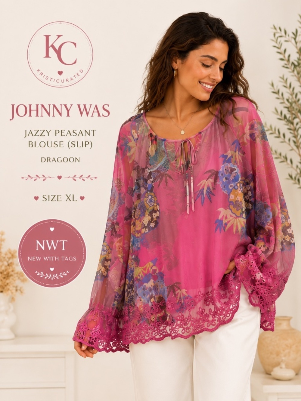 🖤 Johnny Was Mazzy Peasant Blouse (Slip) Dralion XL NWT Embriodered Mesh